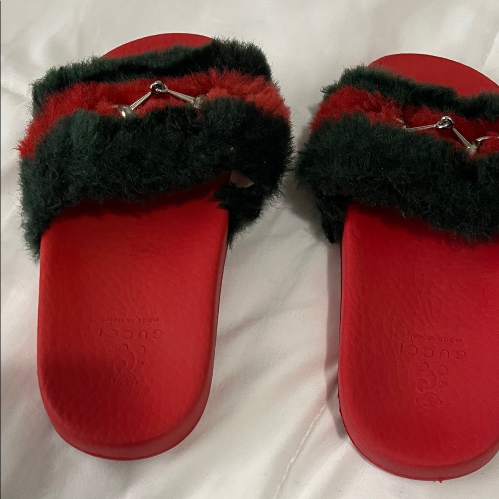 Gucci gently used Red Fuzzy Slides